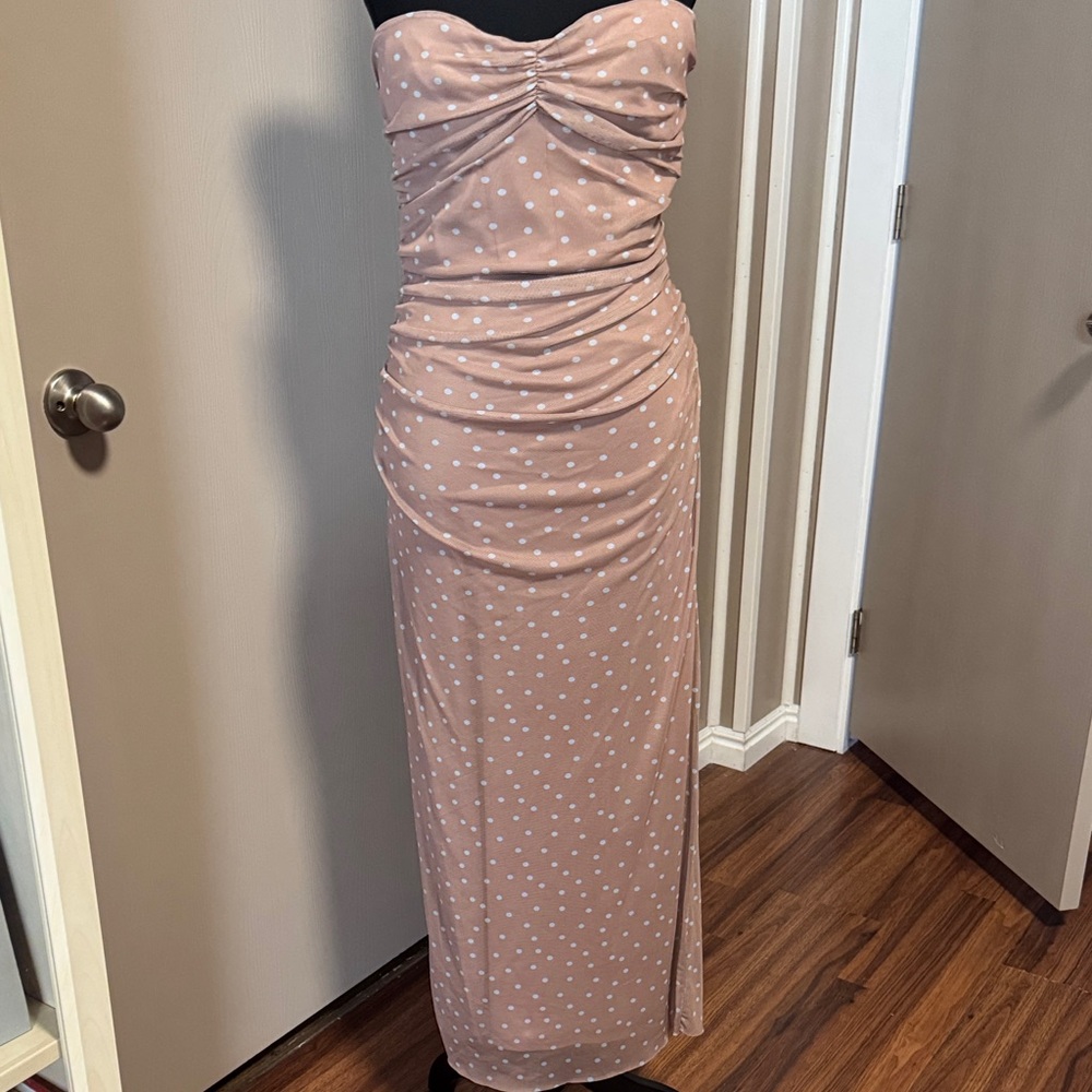 Strapless Pink Polka Dot Maxi Dress